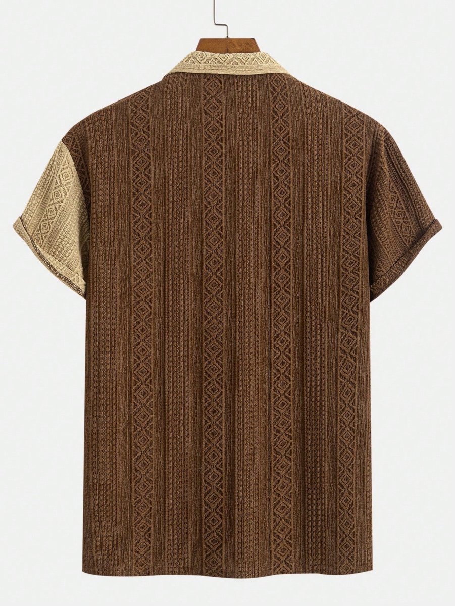 Men's Textured Patchwork Cuban Collar Short Sleeve Shirt