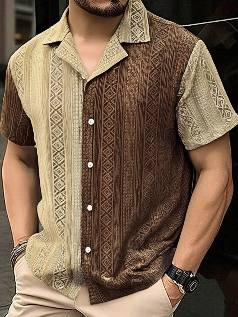 Men's Textured Patchwork Cuban Collar Short Sleeve Shirt