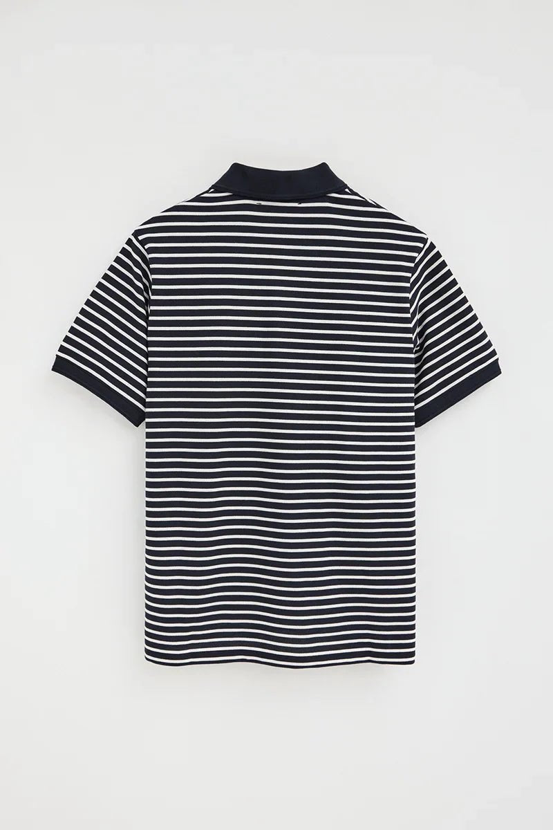 Navy and ecru striped polo shirt