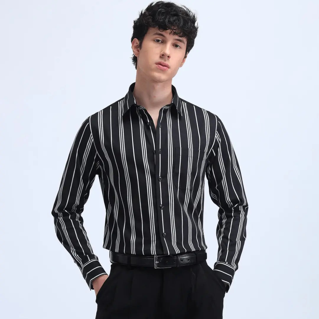 Waffle Striped Casual Shirt – Black White Stripe