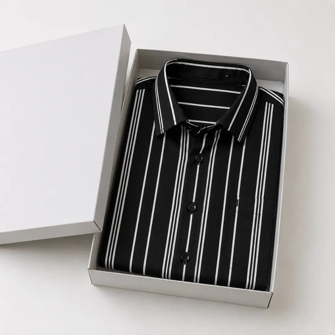 Waffle Striped Casual Shirt – Black White Stripe
