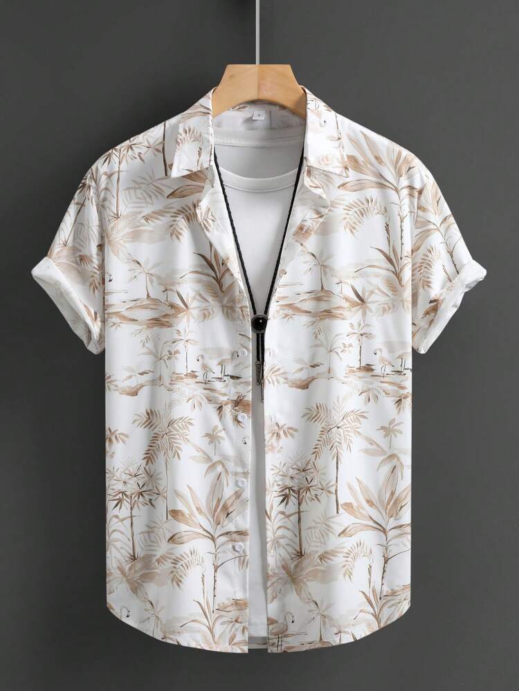 Tropical Plants Print Summer Casual Short Sleeve Shirt