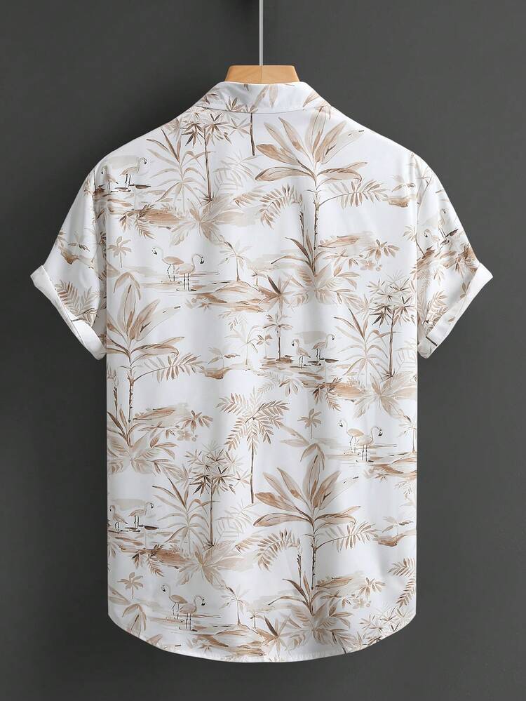 Tropical Plants Print Summer Casual Short Sleeve Shirt
